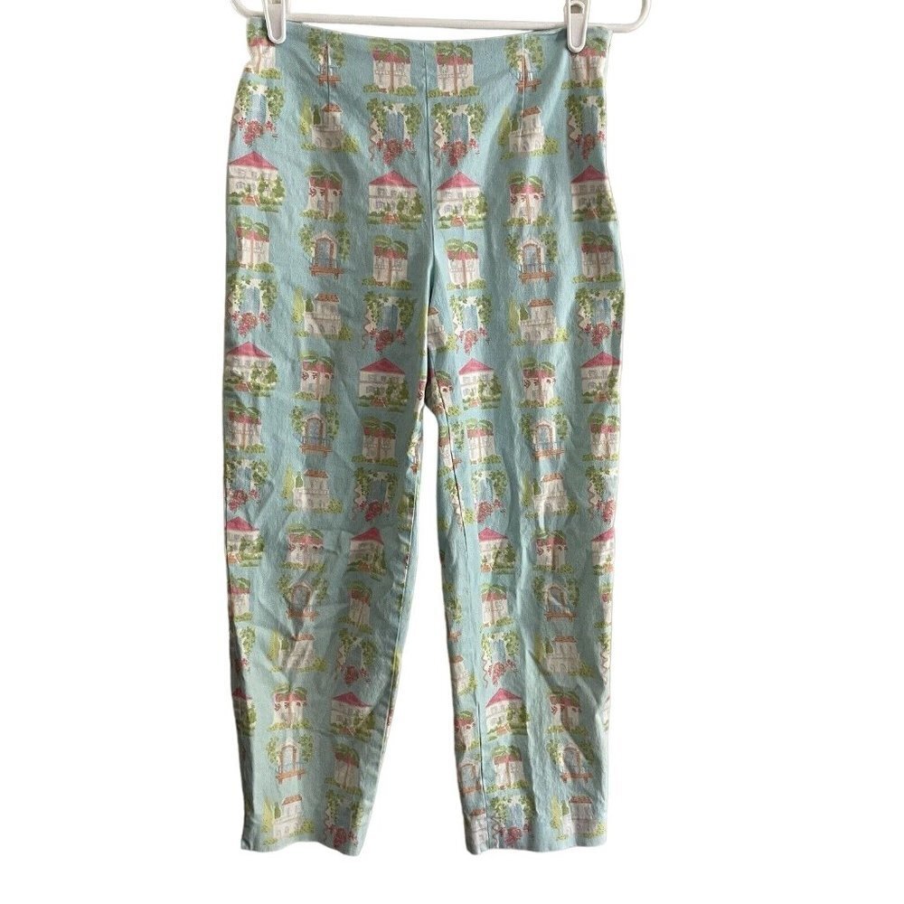 Talbots Women Petite SZ 10 Light Blue W/All Over House Print Side Zip Ankle Pant